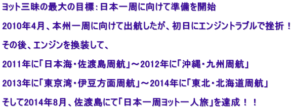 ヨット三昧の最大の目標：日本一周に向けて準備を開始  2010年4月、本州一周に向けて出航したが、初日にエンジントラブルで挫折！  その後、エンジンを換装して、  2011年に「日本海・佐渡島周航」～2012年に「沖縄・九州周航」  2013年に「東京湾・伊豆方面周航」～2014年に「東北・北海道周航」  そして2014年8月、佐渡島にて「日本一周ヨット一人旅」を達成！！